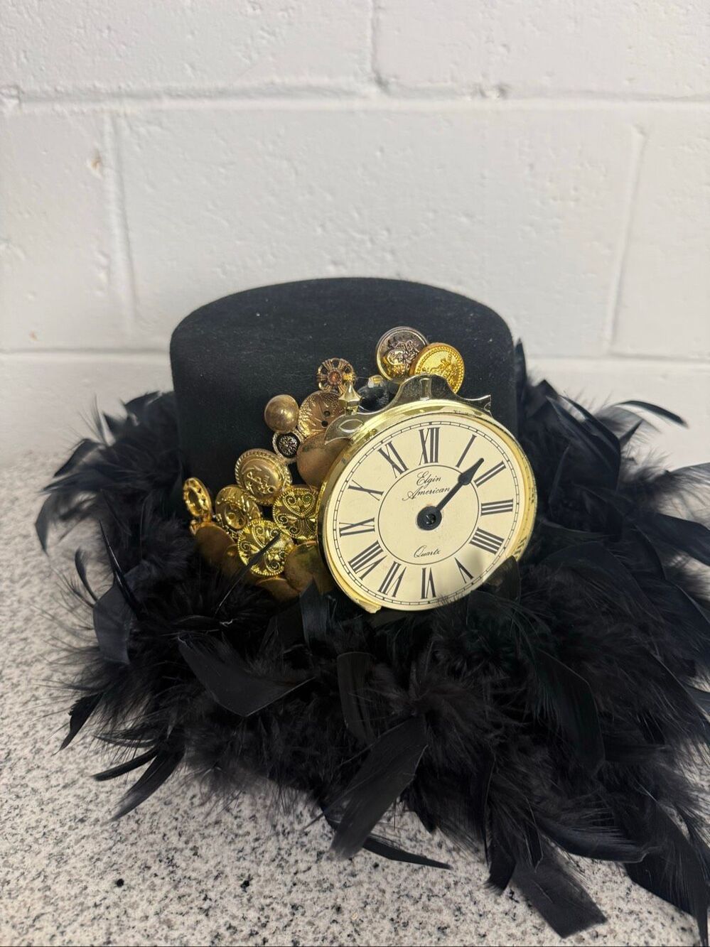 Hats in the Belfry Black Wool Felt Top Hat Elgin American Clock Feather Steampun